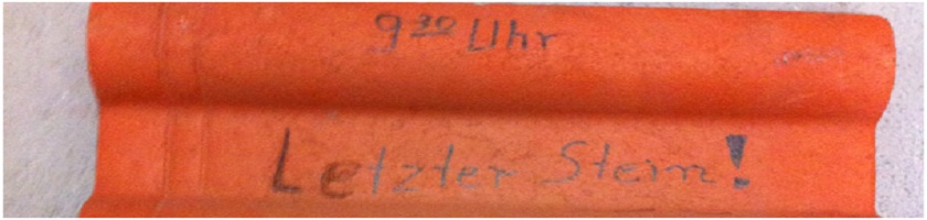 Das Werk Berlin-Rudow wurde 2000 geschlossen. Dies ist der letzte Stein, der dort produziert wurde. Er liegt im Original im BBWA vor. Eternit